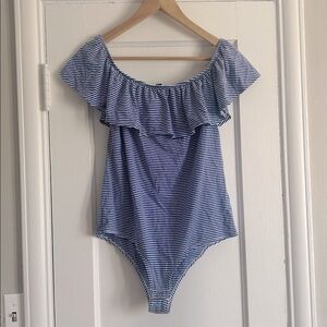 Off the shoulder J. Crew Blue and White Bodysuit (XL)